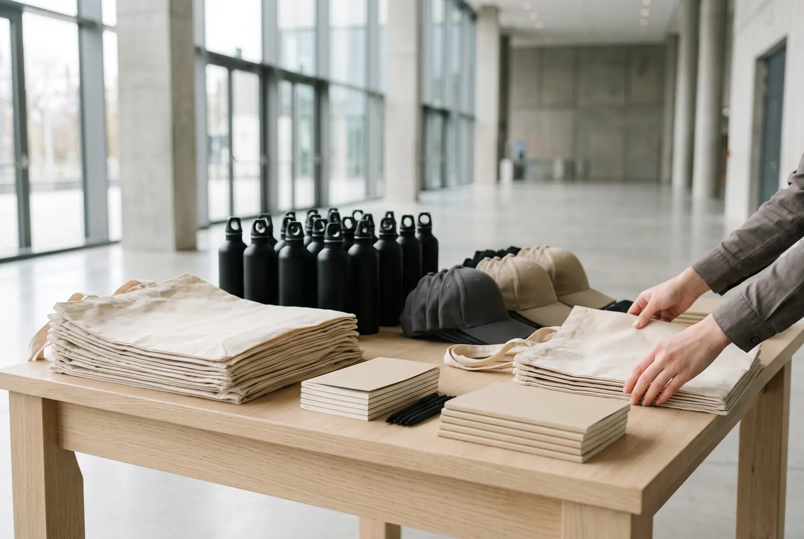 Table de stand avec des totes, bouteilles et carnets prêts à être distribués