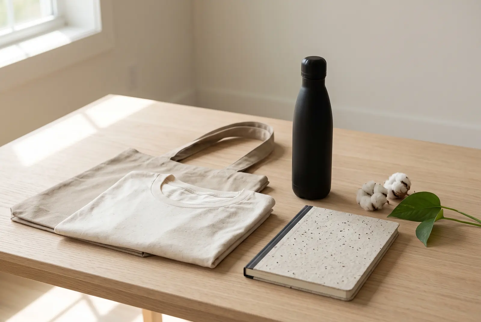 T-shirt en coton bio, tote en toile et bouteille en acier recyclé