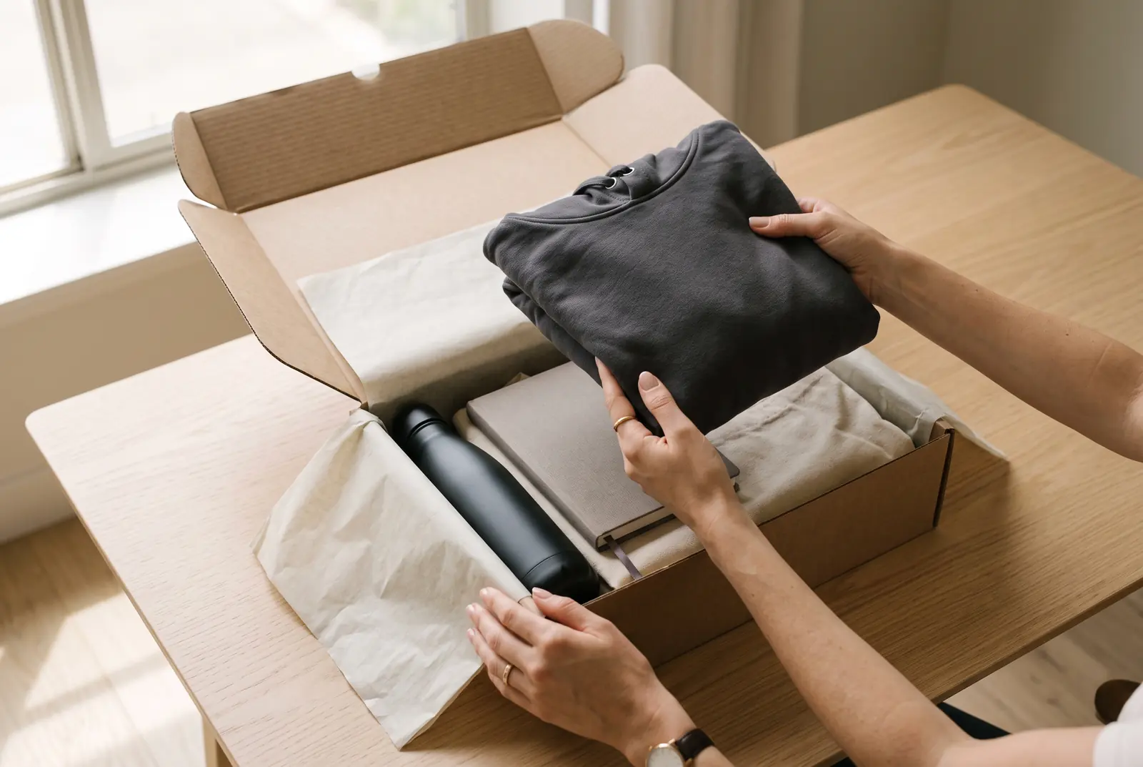 Boîte de bienvenue avec sweat-shirt, bouteille et carnet